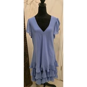 Lauren Ralph Lauren Georgette Chiffon Dress Fit & Flare Midi Navy Blue SZ 14